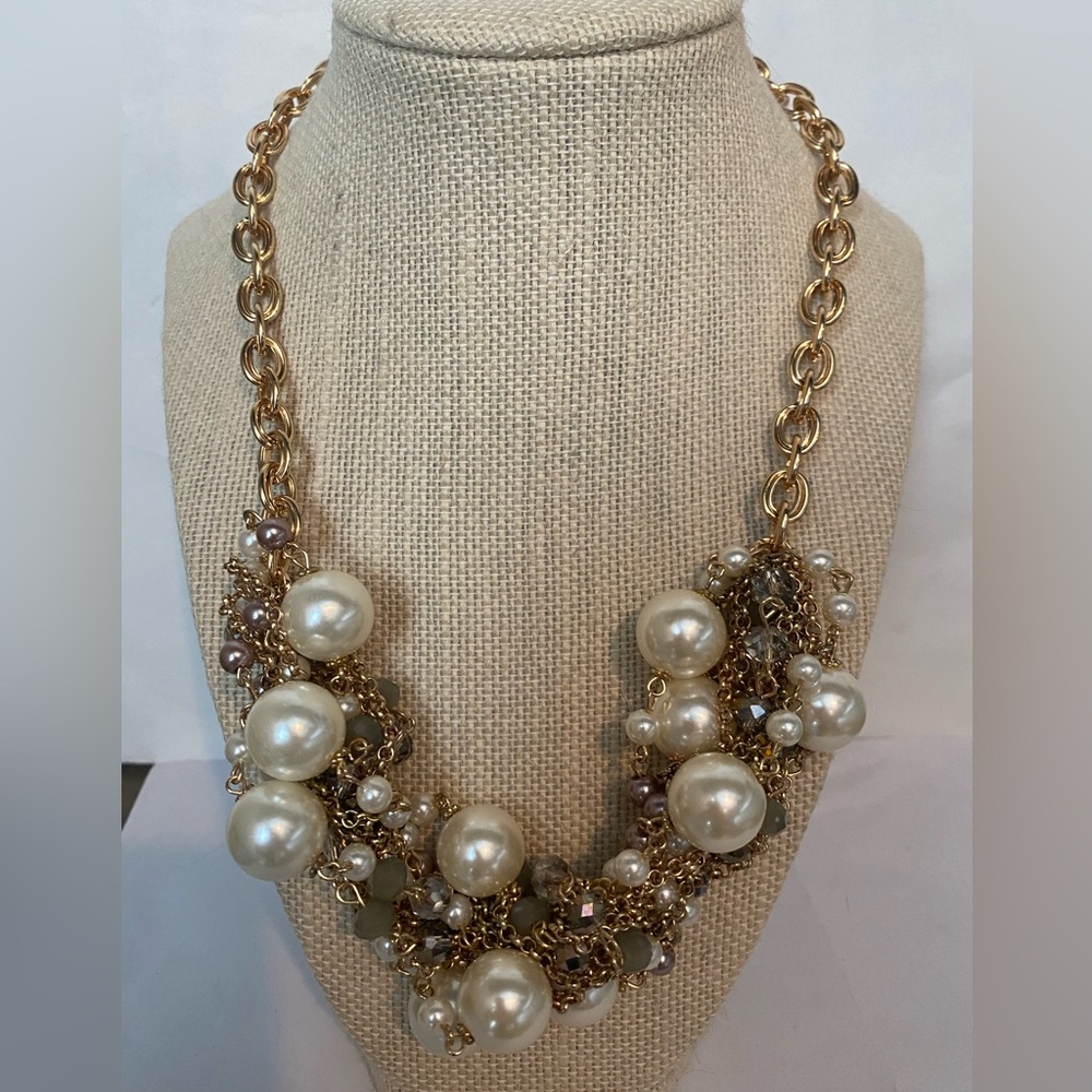 Anthropologie faux pearl + beaded bib cluster statement Necklace gold accent